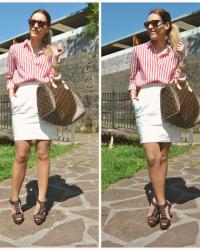 Red and white striped shirt.