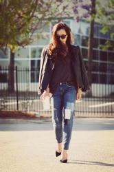 “Mom-blogger Off Duty Look”: Biker Leather Jacket + Basic Tee + Patched Jeans