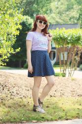 Denim Polka Dot Skirt & Sparkly Pink Accessories