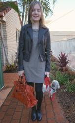 Leather Jackets: French Connection Shift Dress, Ankle Boots, Balenciaga Work | Grey Tank, Jeans, Studded Flats, Mulberry Alexa