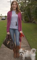 Purple Cardi, Grey Shelter Dog Tee, Jeans, Boots, Chloe Paddington | Aztec Print Dress, Sandals, Balenciaga Envelope Clutch