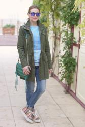 Parka, sea print sweatshirt and raffia sneakers