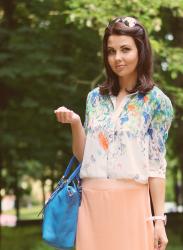 MAXI SKIRT & FLORAL CHIFFON BLOUSE |ORANGE & WHITE & BLUE