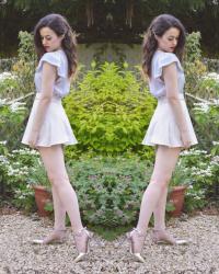 Ice Blue Ruffle Shoulder Blouse / Box Pleat White Skirt 