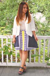 *navy, white, geometric print & stripes*