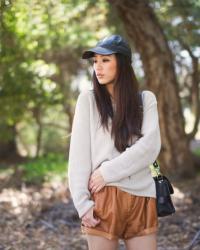 Neutral knits and cognac shorts