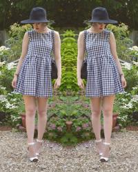 Gingham Dress / Wide Brim Hat / Gold Vintage-Style Earrings