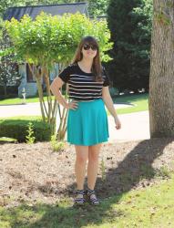 A Jeanie Outfit: Stripes, Studs, & Kid Wedges