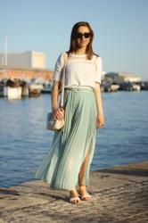 long blue skirt & white top