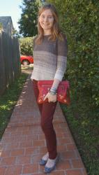 Ombre Knit, Burgundy Pants, Balenciaga Sang Clutch | Grey Tee, Red Skinnies, Chloe Bag