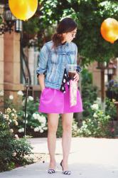 Brunch: Denim Jacket + Polka Dot Shirt + Purple Full Skirt