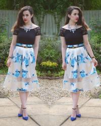 Blue Rose Print Pleated Skirt / Off-The-Shoulder Lace Crop Top