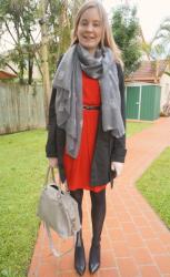 Trench, Red Dress, Owl Scarf, Heels, Grey MAM | Leather Jacket, Shift Dress, Boots, Alxander Wang Rocco