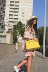 YELLOW GUCCI, FLOWER DRESS AND WHITE SNEAKERS