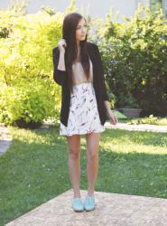 Unusual Flight // Feather Print Skirt, Blazer, Mint Oxfords