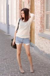 Back to Basics in Denim Shorts and Nude Boots