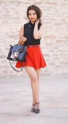 RED RUFFLE SKIRT & BLACK CHIFFON BLOUSE