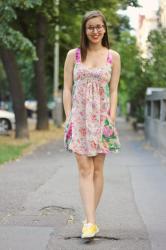 floral dress & yellow sneakers