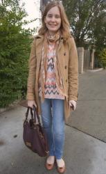 Trench, Scarf, Printed Top, Skinny Jeans, Marc by Marc Jacobs Fran | Leather Jacket, Grey Tee, Balenciaga Envelope Clutch