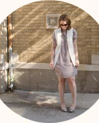 dotty, a slouchy dress, and a super white vest