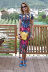 Floral bodycon dress and new yellow bag