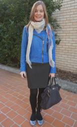 Blue Leather Jacket, Pencil Skirt, Marco Tagliaferri Bag | Pink Skull Scarf, Skinnies, Pistol Boots, LV Neverfull