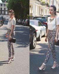 Multicoloured Wallpaper Print Trousers / White Tea Blouse 