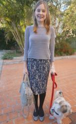 Grey Jumper, Asos Blue Lace Pencil Skirt, Mouse Flats, RM MAM | Target Studded LBD, Ankle Boots, Balenciaga Rouille Work