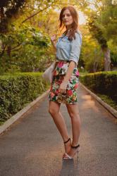 FLORAL SKIRT & DENIM SHIRT 