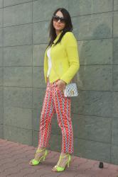 Printed orange pants & neon jacket