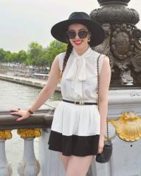 Pussybow Blouse / Contrast Panel Skirt / Wide Brim Hat