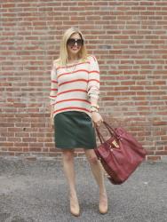 Orange Stripe Sweater + Green Leather