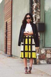 Midi Skirt: Plaid Print and Statement Earrings