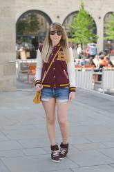 Burgundy Varisty Jacket With Vintage Denim Shorts