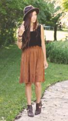 Fall is Coming // Wide Brimmed Hat, Midi Orange Skirt, Pom Pom Crop Top