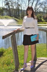 PEPLUM TOP, SKATER SKIRT, AND BRIGHT ACCESSORIES 