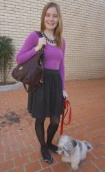 Purple Tee, Black Skirt, Marc By Marc Jacobs Fran Bag | Leona Edmiston Print Dress, RM mini MAB