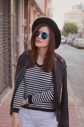 BLACK HAT AND MIRRORED SUNGLASSES 