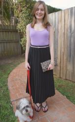 Lilac Tank, Pleated Skirt, Embellished Clutch | Printed Dress, MbMJ Scarf, Chloe Marcie Bag