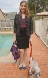 Jeanswest Jacket, Pencil Skirt, Purple Tank, Balenciaga City | French Connection Print Dress, Rouille Work