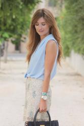 SEQUINS SKIRT AND BLUE BLOUSE