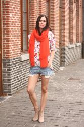 Floral Blouse, Denim Shorts, Orange Scarf