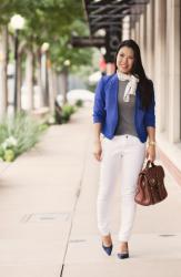 Cobalt Blazer + Polka Dot Scarf Bow