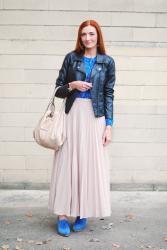 Ways To Wear A Pleated Maxi Skirt | With A Black Leather Jacket