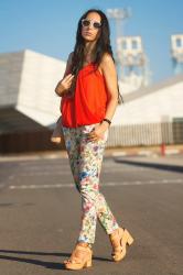 FLORAL TROUSERS and ORANGE TOP