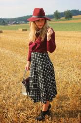 grid print midi skirt