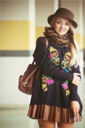 Leather dress and floral sweater