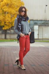 RED LEATHER PANTS & CHECKED SCARF