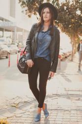 COZY DAY: denim,leather,hat and glasses 