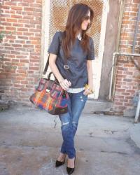 L.A.M.B Edinburgh Plaid & J.Crew Leather Front Top